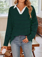 Striped Johnny Collar Long Sleeve T-shirt (18)