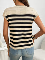 Striped Knit Pocket Detail Cap Sleeve Sweater (6)