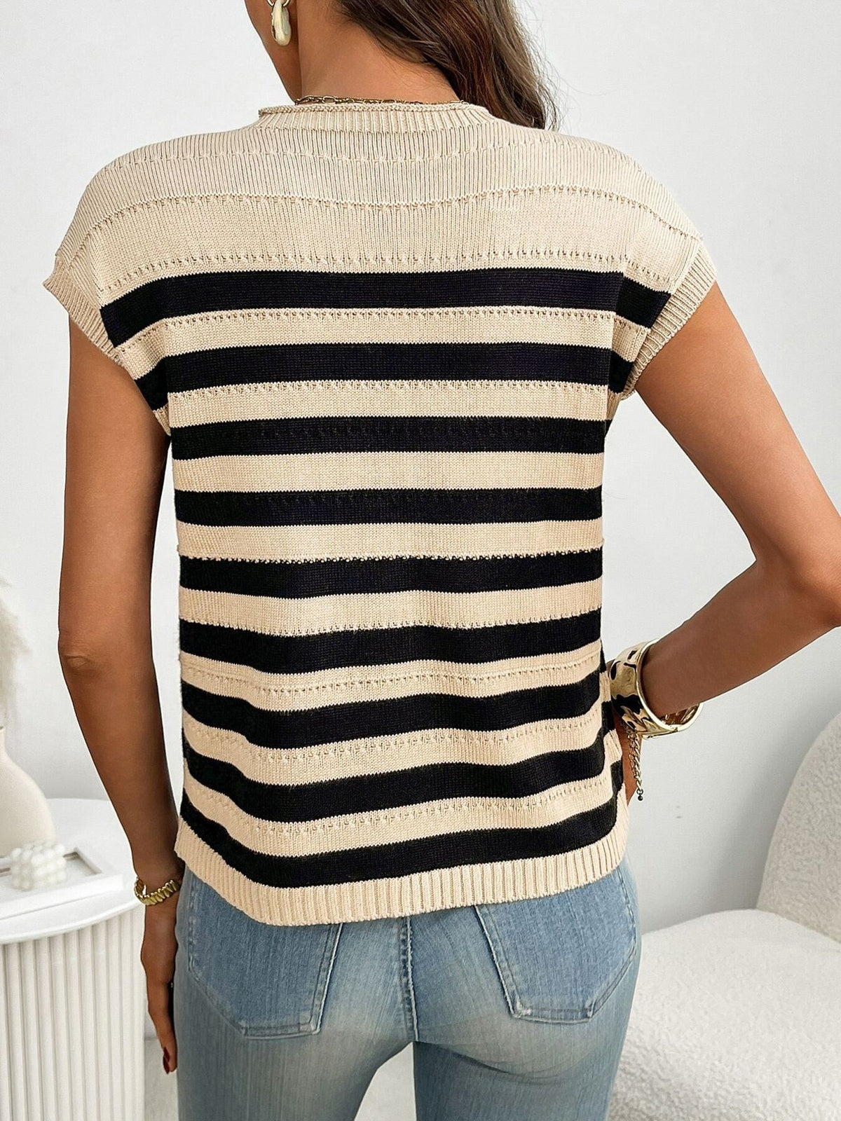 Striped Knit Pocket Detail Cap Sleeve Sweater (6)