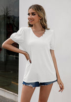 V-neck Decorative Buttons Puff Sleeve Tee (12)