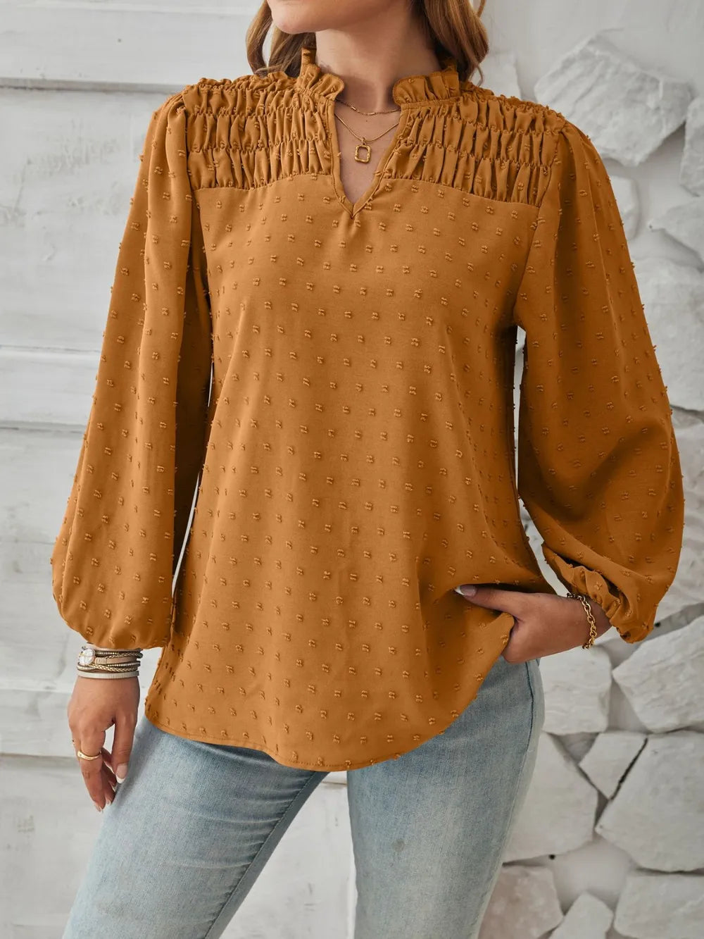 Ruched Swiss Dot Notched Balloon Sleeve T-shirt (13)