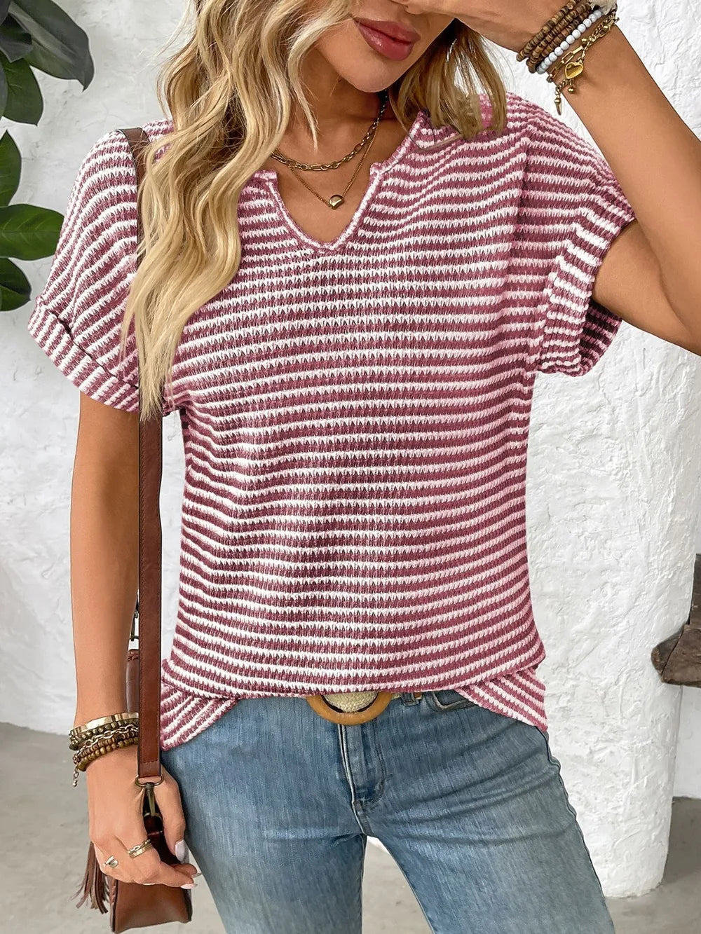 Striped Notched Short Sleeve T-shirt (3)