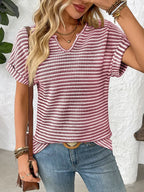 Striped Notched Short Sleeve T-shirt (3)