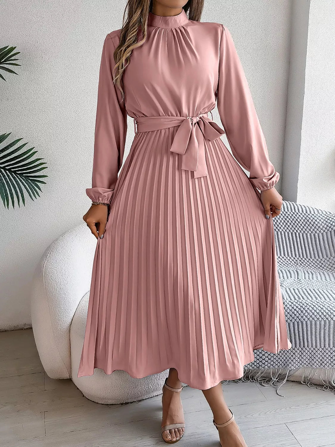 Mock Neck Pleated Midi Dress (26)