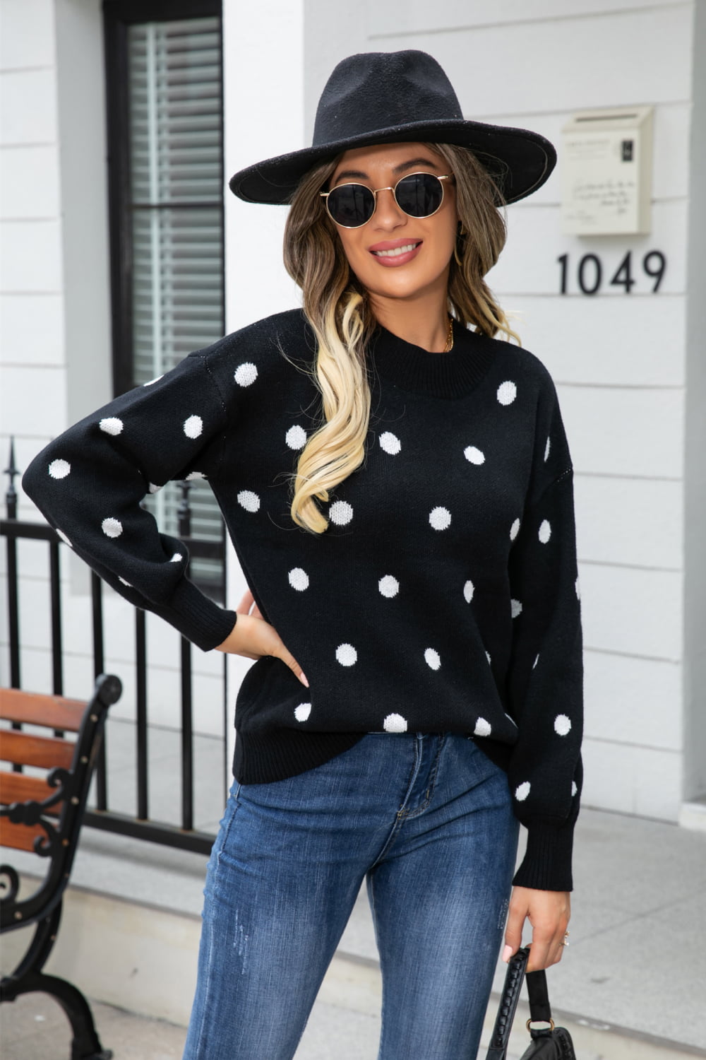 Woven Right Polka Dot Round Neck Dropped Shoulder Sweater (7)