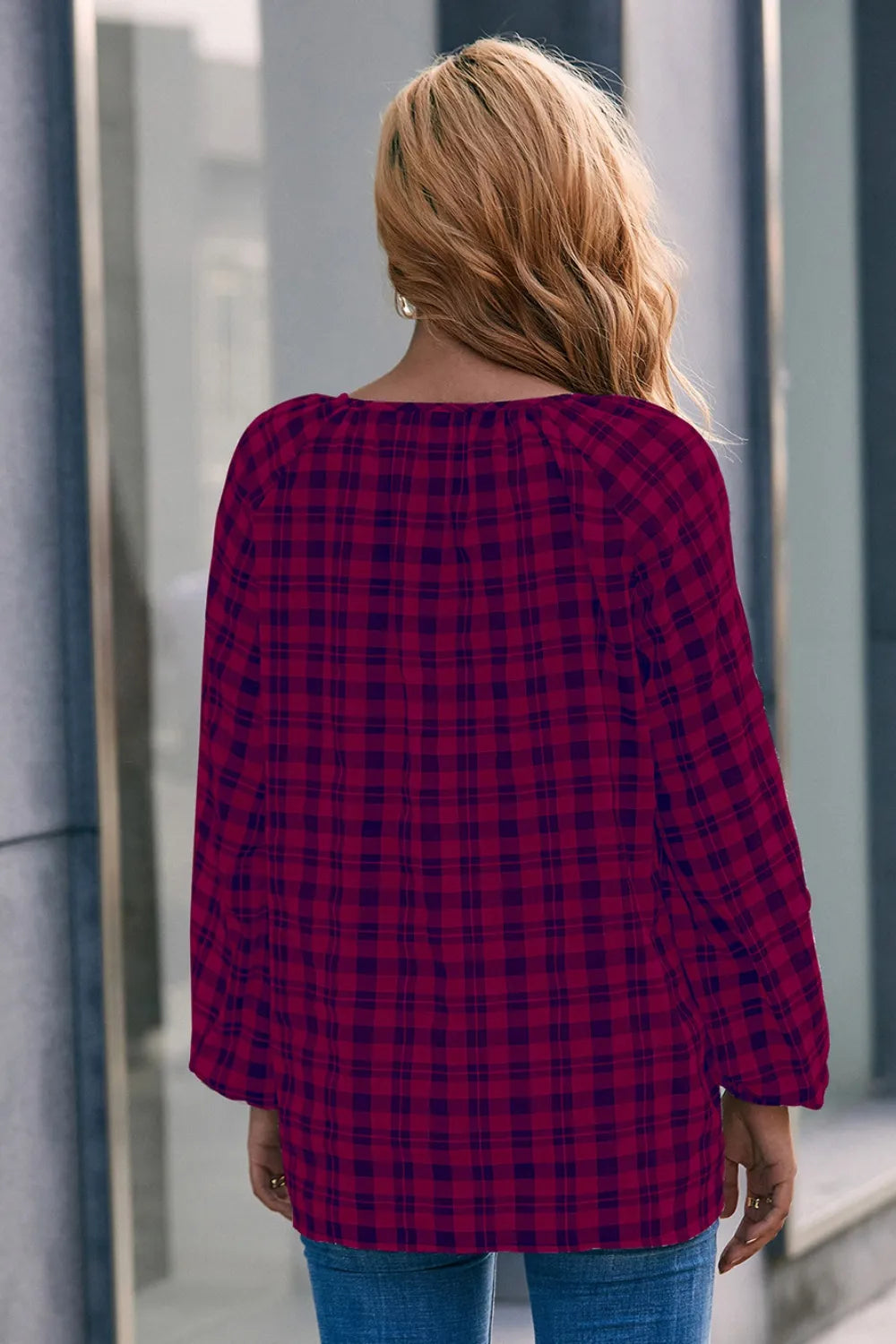 Plaid Tie Neck Balloon Sleeve Blouse (9)