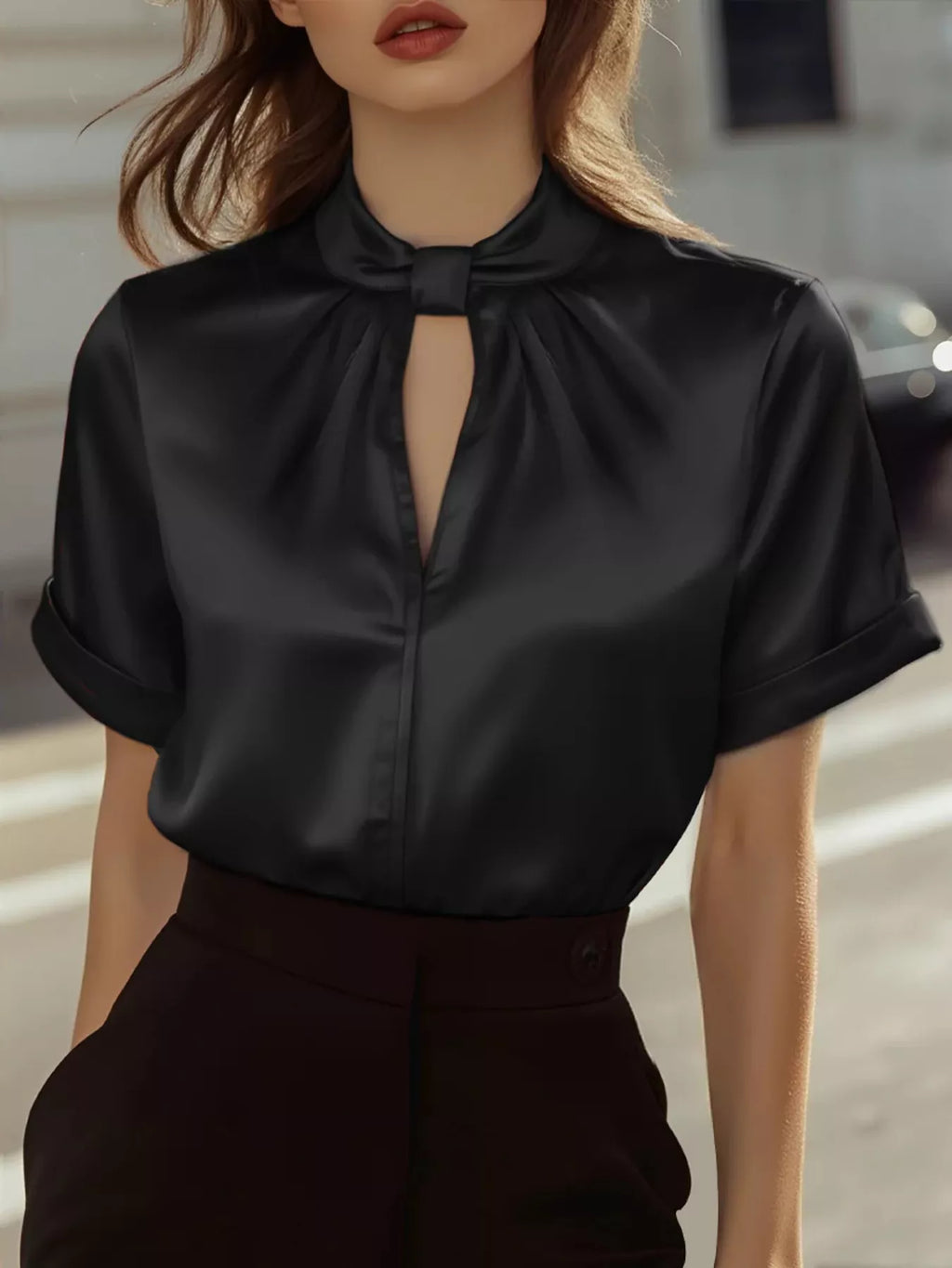 Keyhole Neck Satin Short Sleeve Blouse (5)