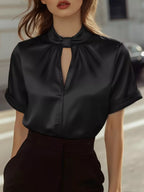 Keyhole Neck Satin Short Sleeve Blouse (5)