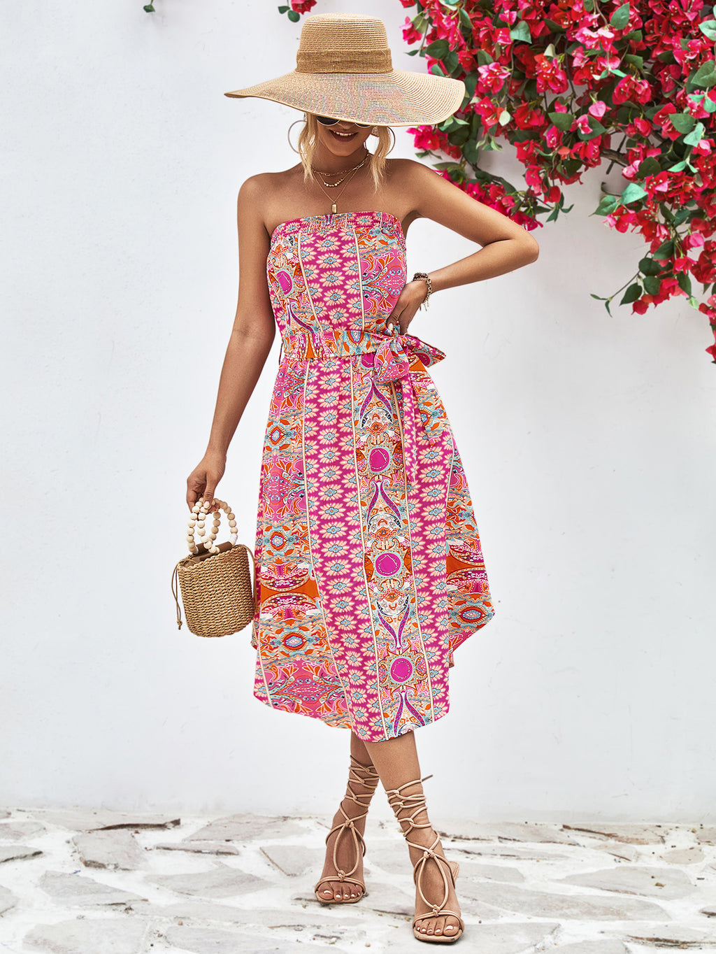Printed Strapless Tie Belt Dress (6)