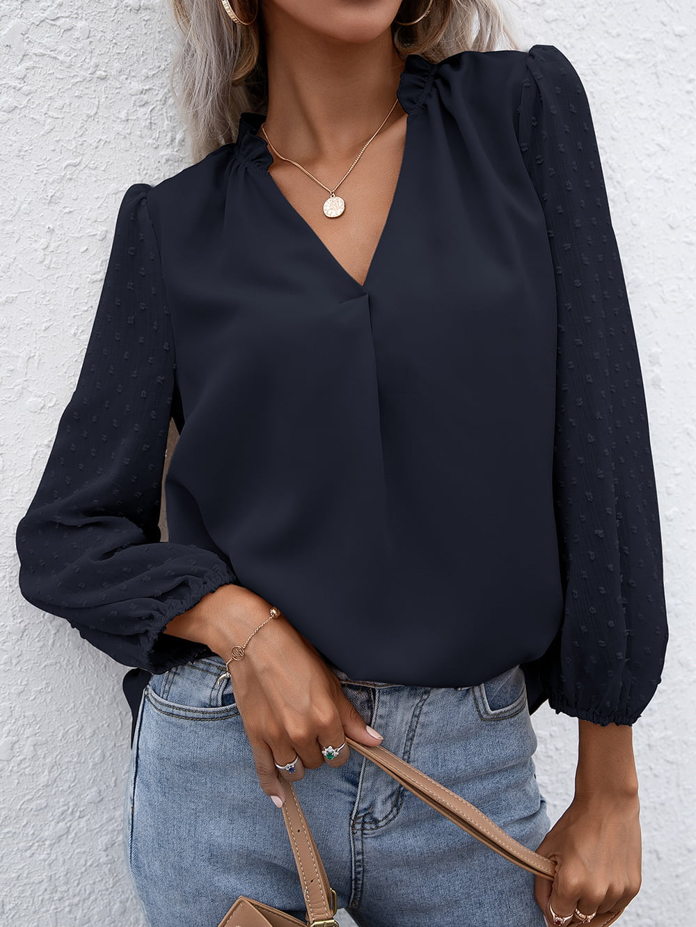 Swiss Dot Frill Trim Puff Sleeve Blouse (8)