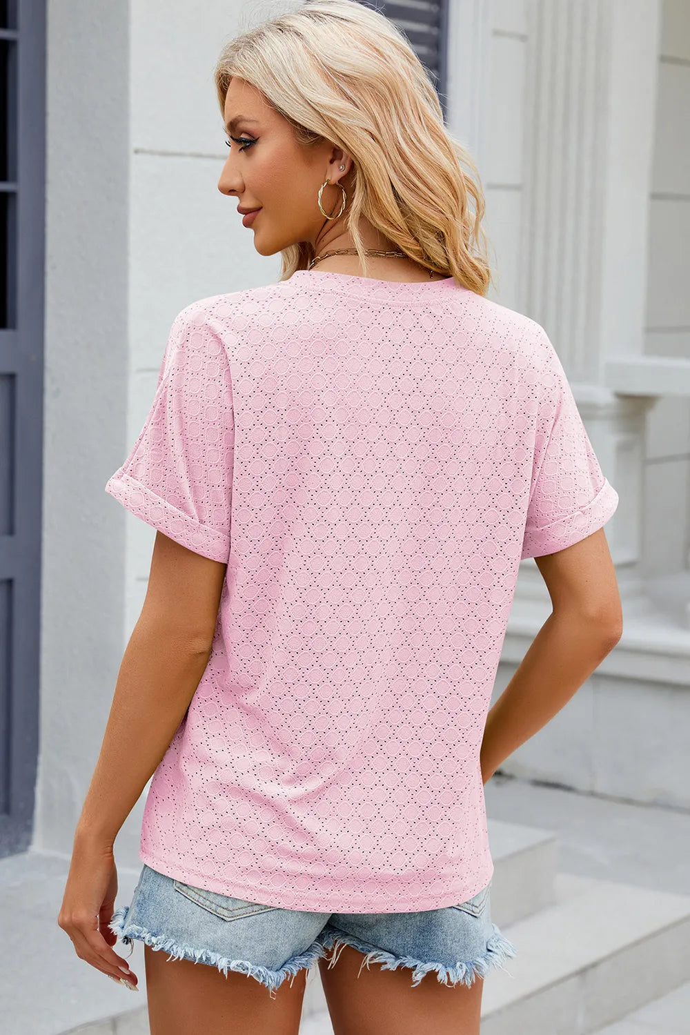 Eyelet Notched Short Sleeve T-shirt (32)
