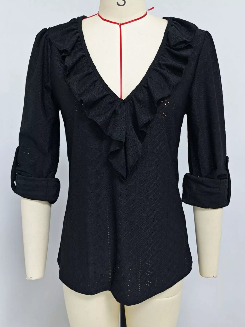 Eyelet Ruffle V-neck Blouse (15)