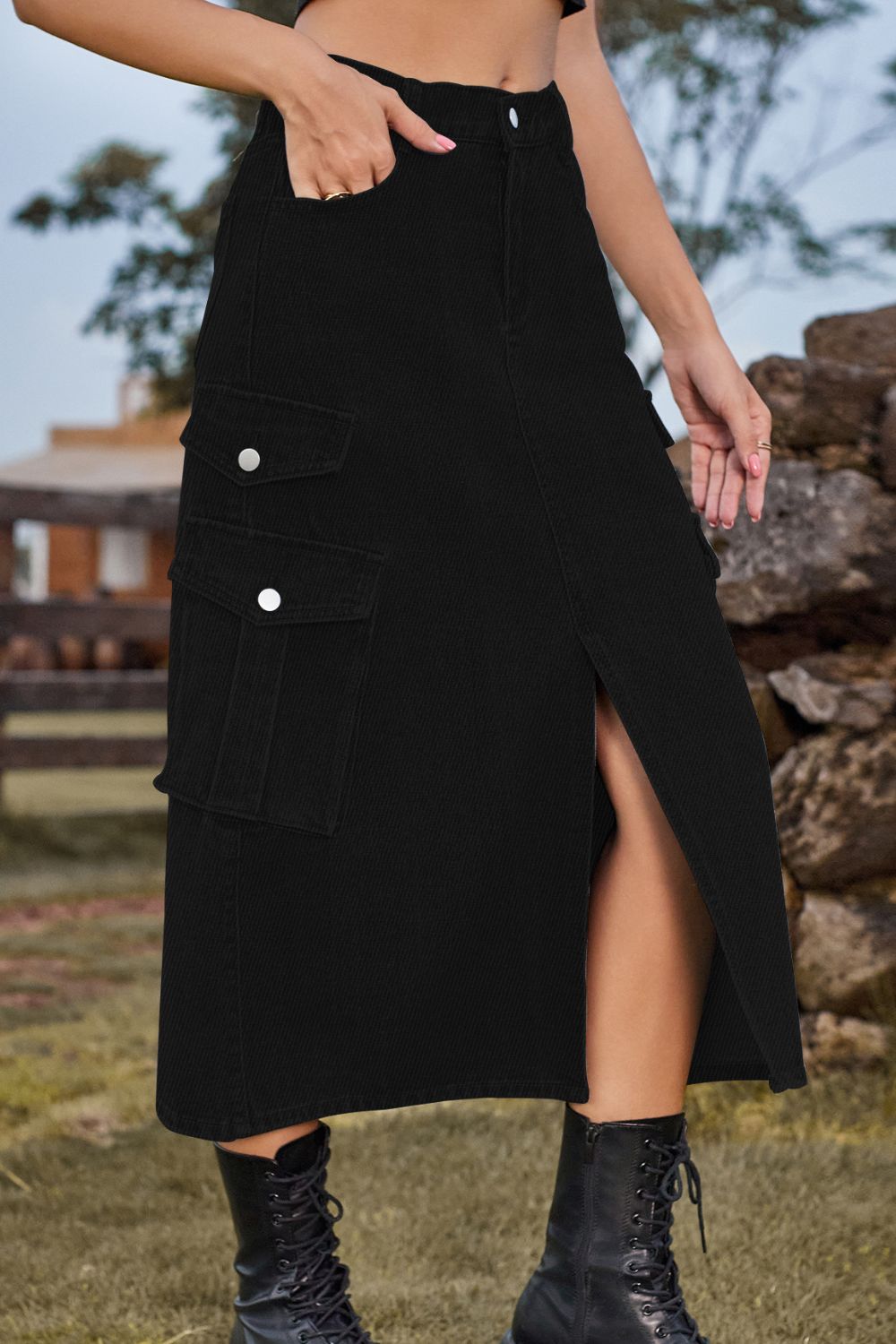 Slit Front Midi Denim Skirt Pockets (14)