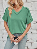 Cord Ribbed V-neck Short Sleeve T-shirt (18)