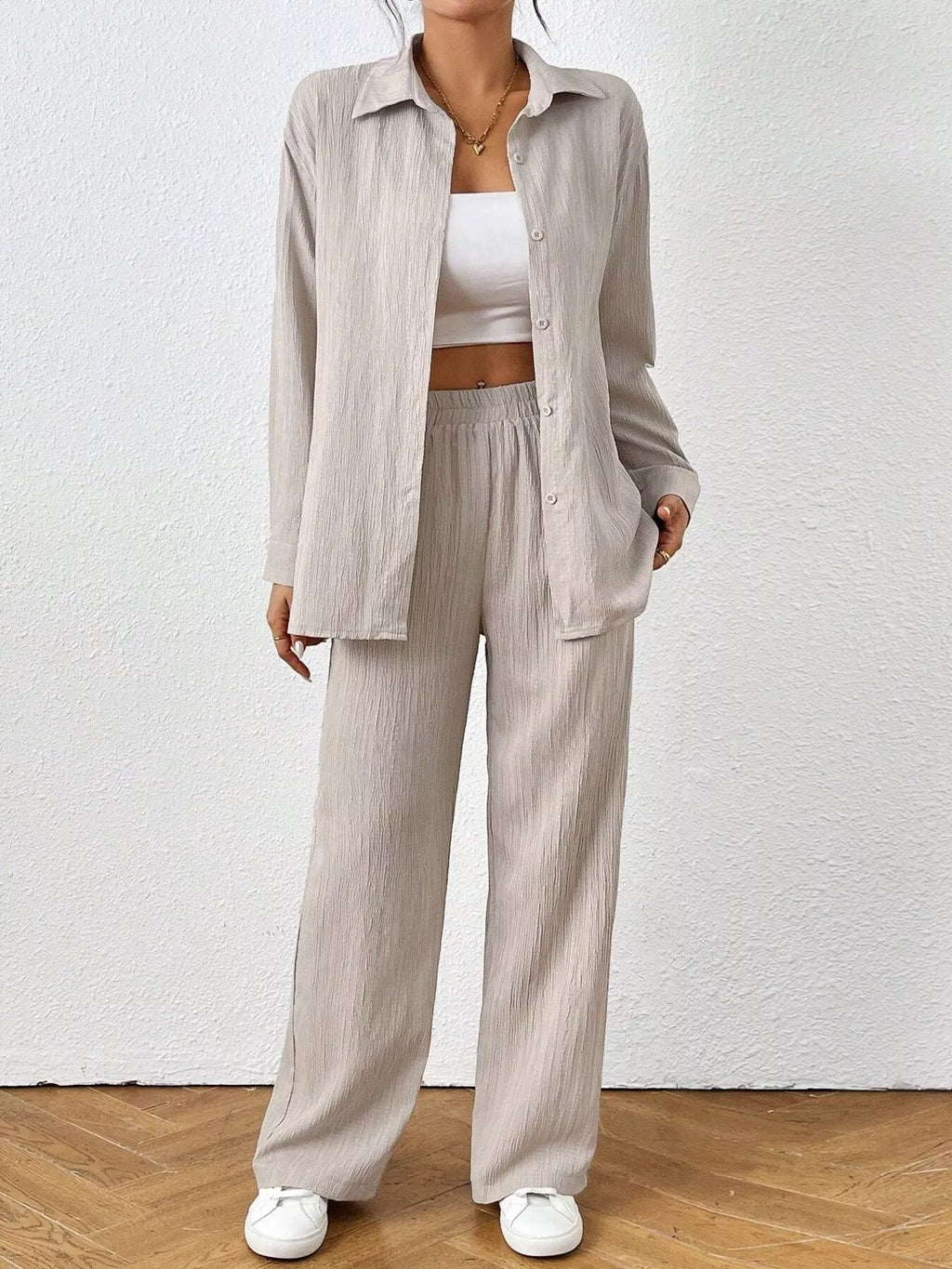 Button Up Long Sleeve Shirt Pants Set