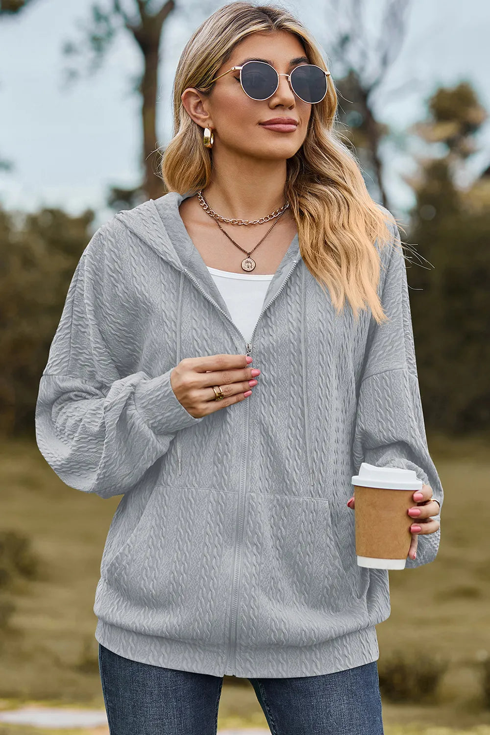 Drawstring Zip Up Dropped Shoulder Hoodie (10)