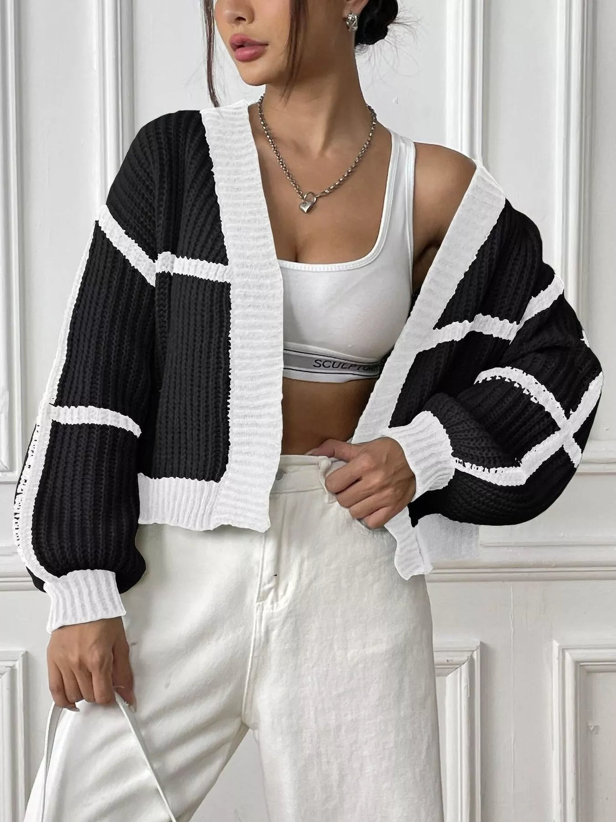 Color-block Ribbed Knit Open-front Cropped Cardigan (15)