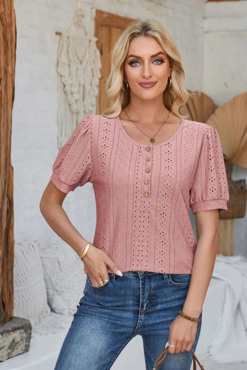 Eyelet Round Neck Short Sleeve Blouse (25)