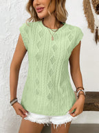 Eyelet Round Neck Cap Sleeve Top (4)