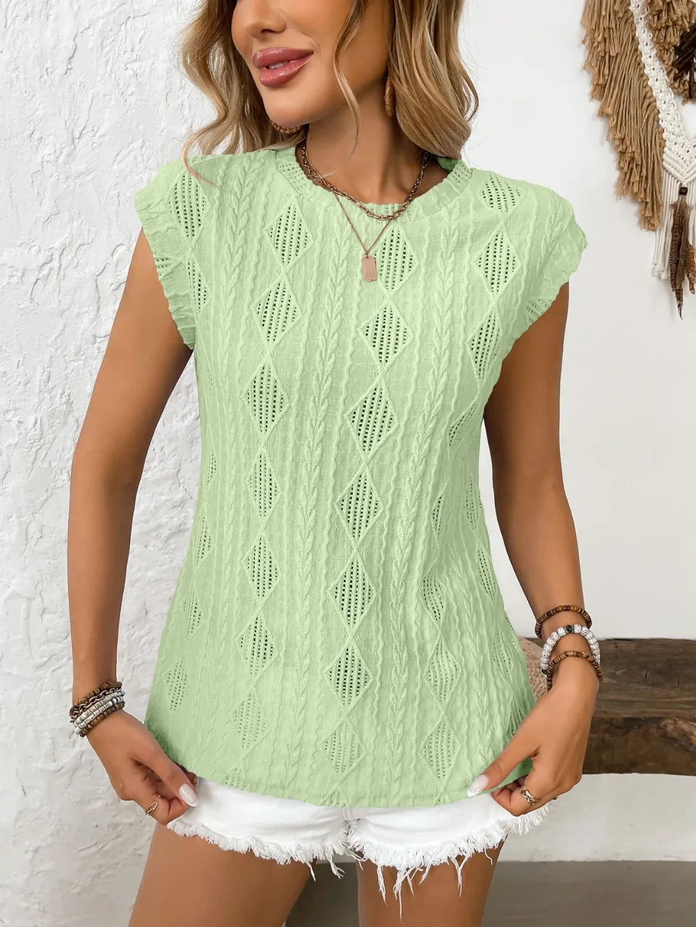 Eyelet Round Neck Cap Sleeve Top (4)