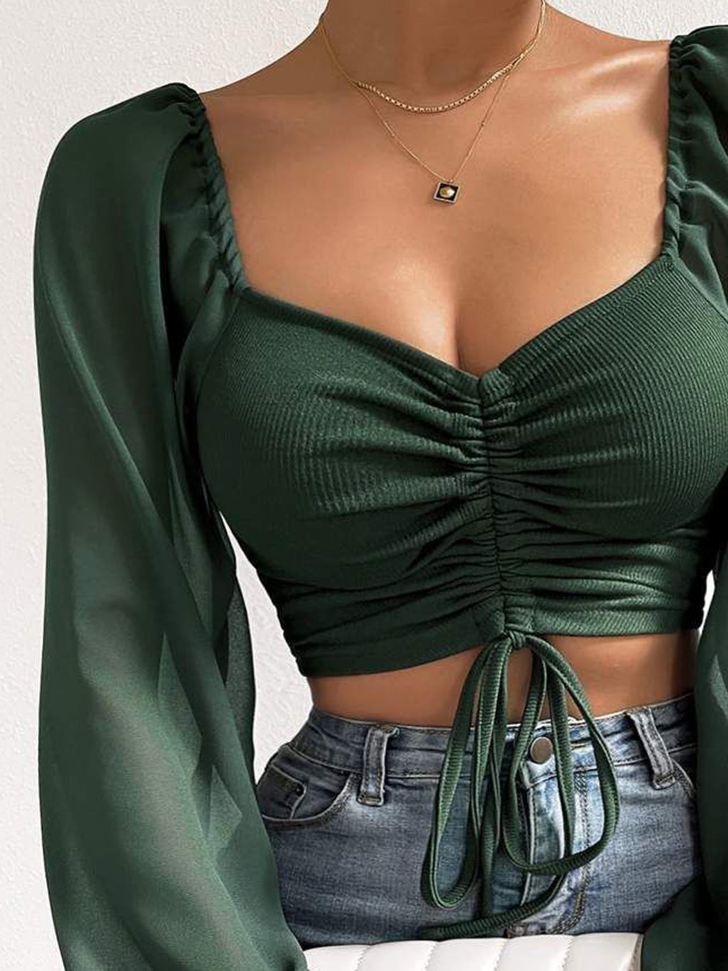 Drawstring Sweetheart Neck Cropped Top (9)