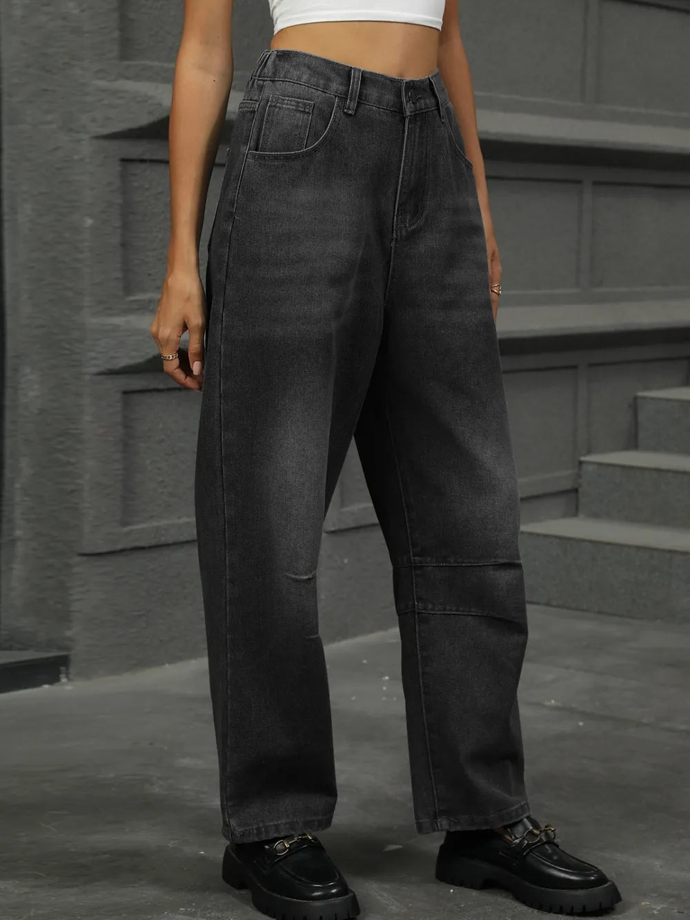 Half Elastic Waist Straight Leg Jeans (10)