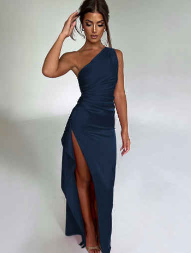 One-shoulder Solid Color Satin Dresses (23)