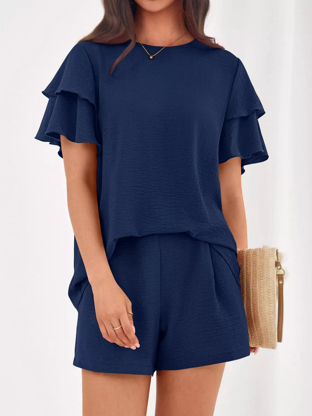 Ruffle Sleeve Top Shorts Two-piece Set (22)