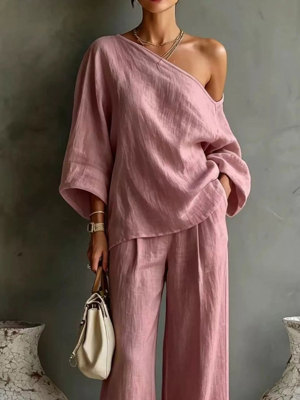 One Shoulder Top Wide Leg Pants Set (10)