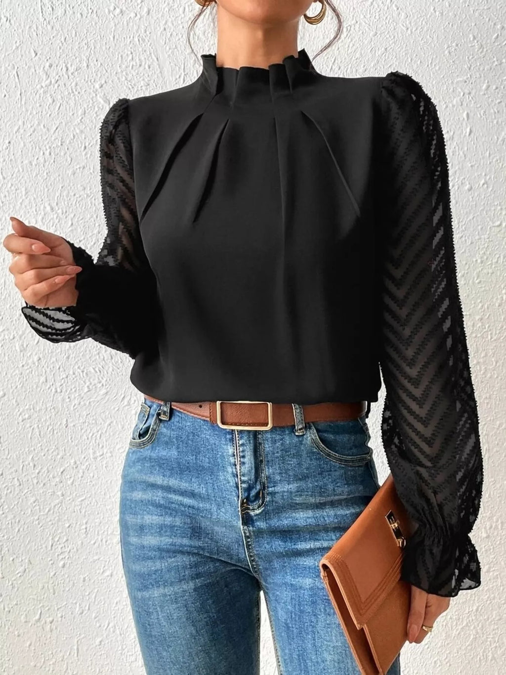 Mock Neck Sheer Lace Sleeve Blouse (7)