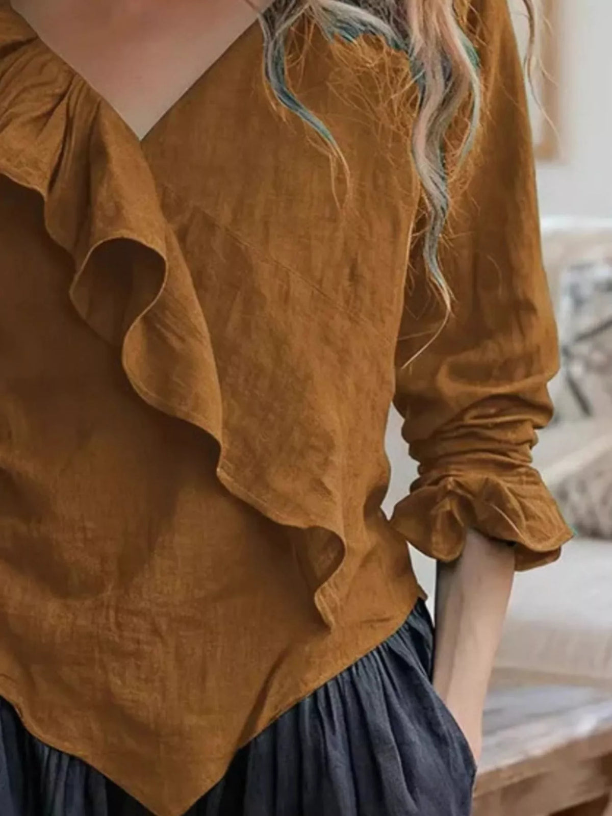 V-neck Ruffled Long Sleeve Blouse (11)