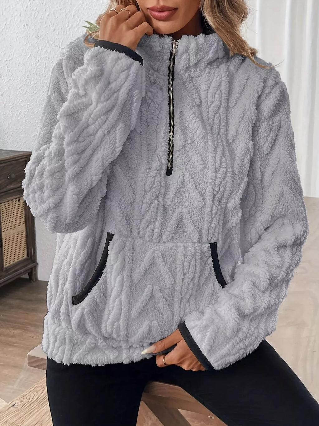 Full Size Half Zip Kangaroo Pocket Sweatshirt Plus (25)