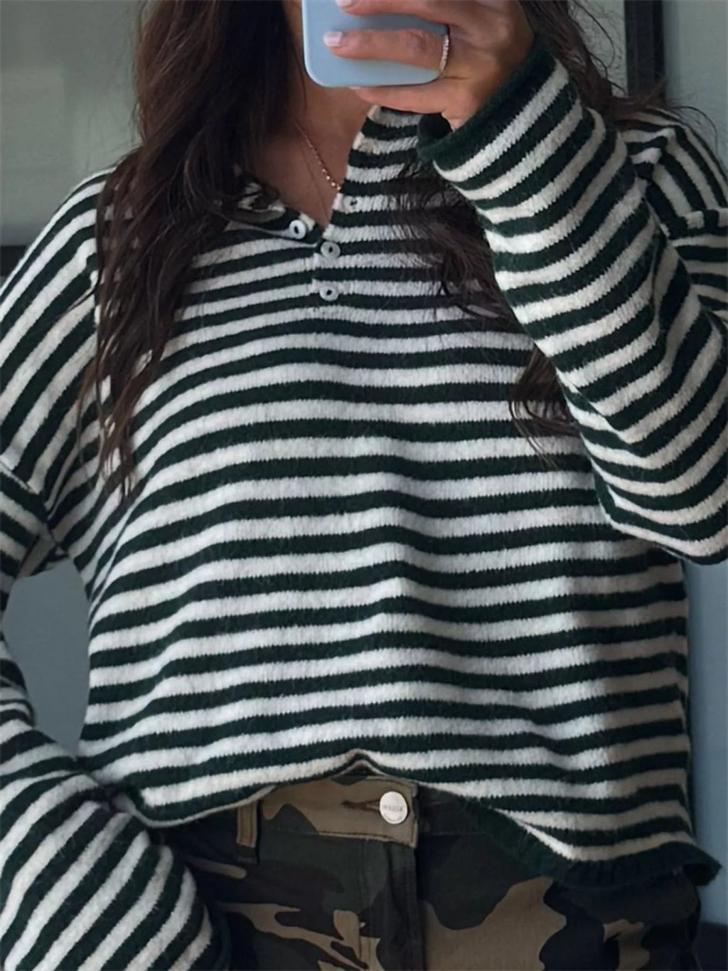 Button Detail Dropped Shoulder Striped Sweater (14)