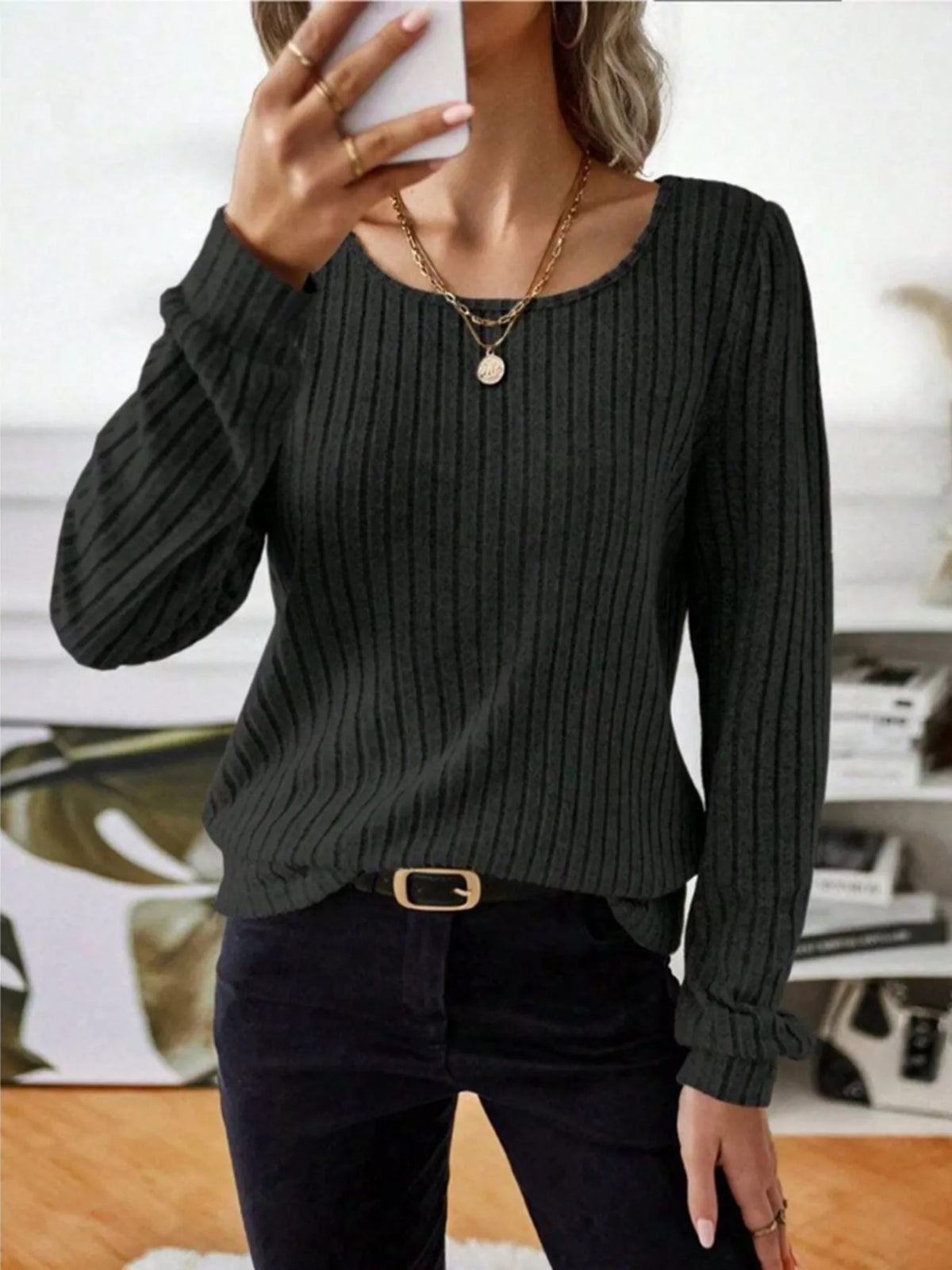 Ribbed Knit Long Sleeve T-shirt (28)