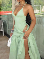 Halter Neck Ruched Bodysuit Maxi Skirt Set (20)
