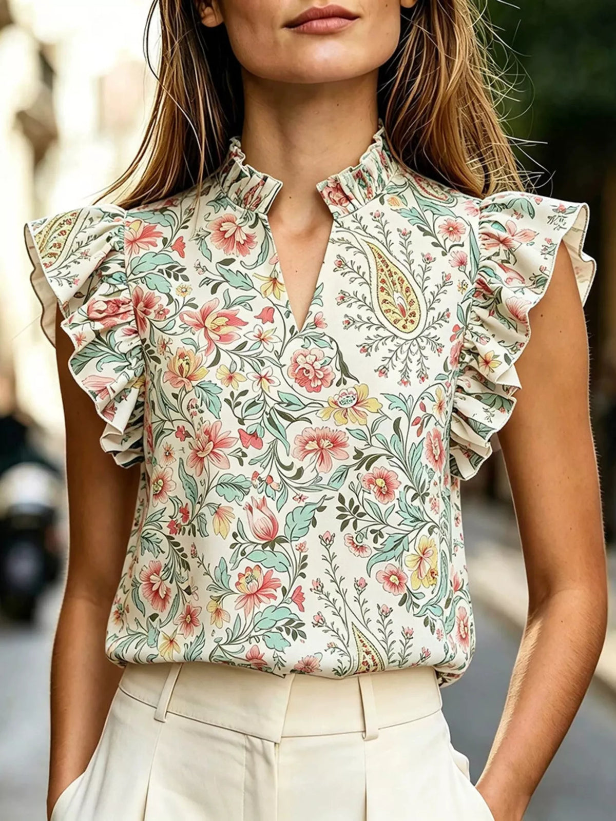Printed Ruffle Sleeve Blouse (4)
