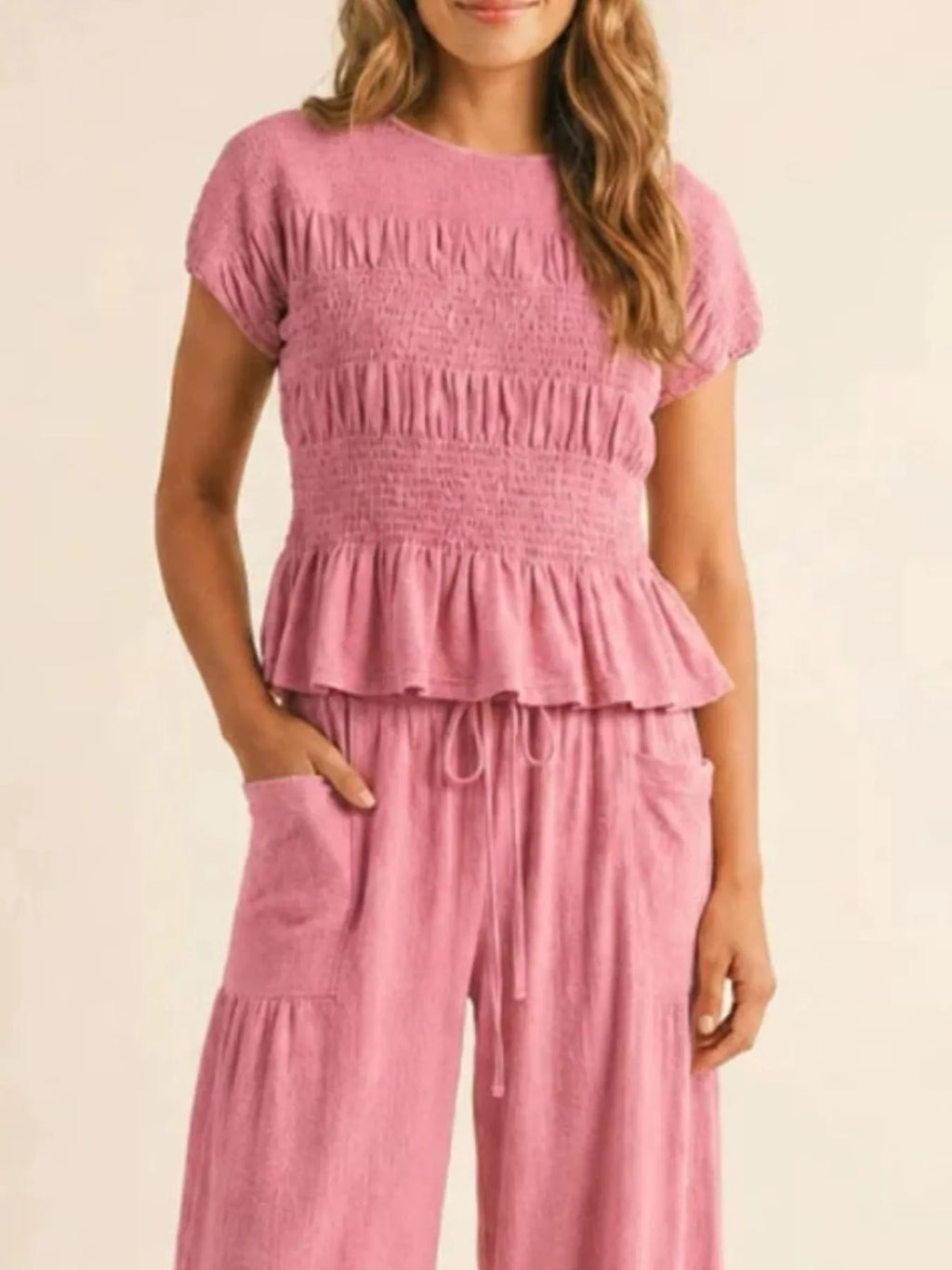 Smocked Peplum Top Wide-leg Pants Set (2)
