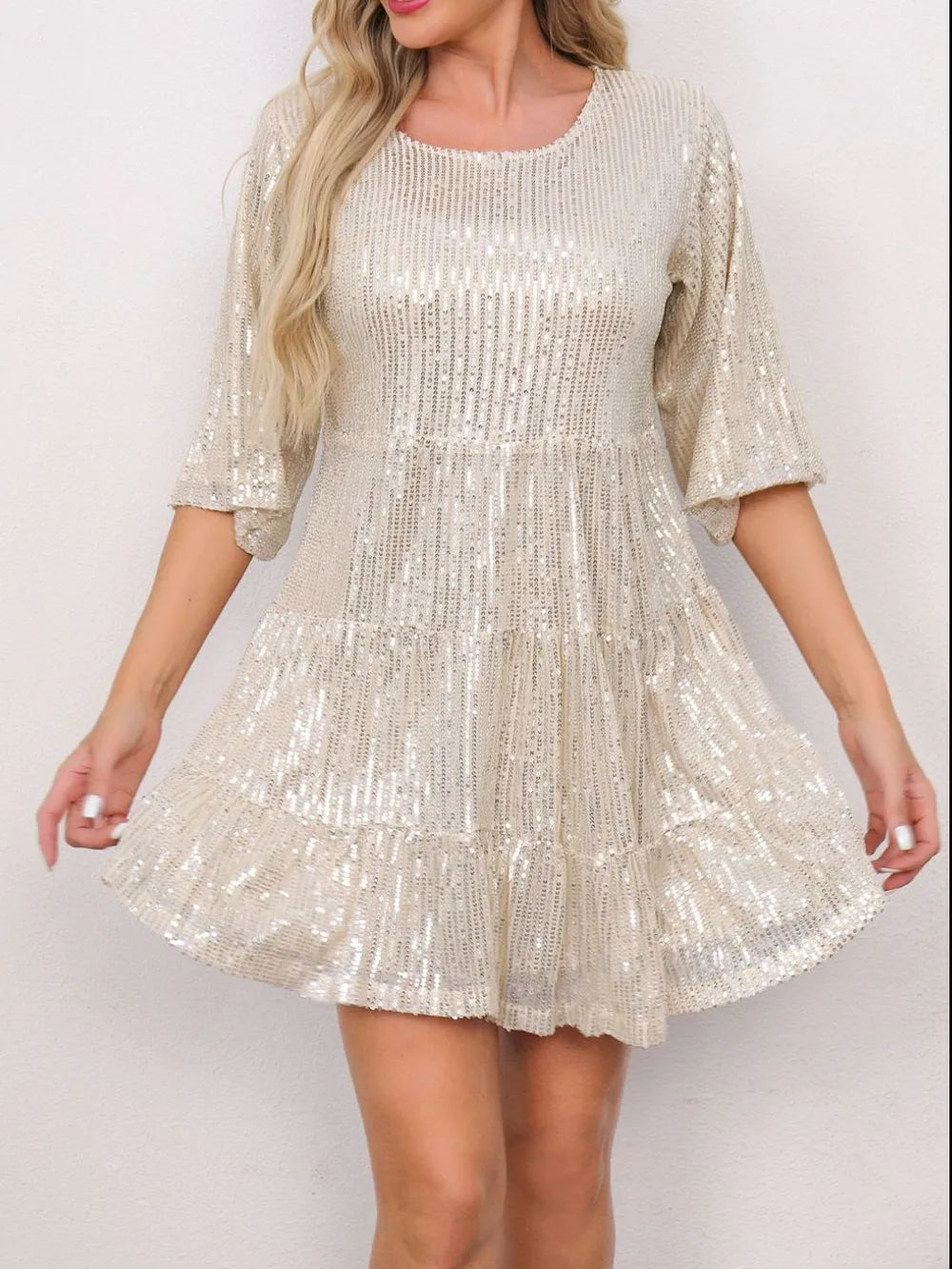 Sequin Round Neck Half Sleeve Mini Dress (6)