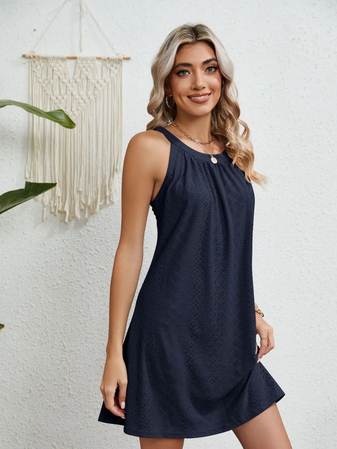 Eyelet Round Neck Sleeveless Dress (25)