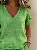 V-neck Linen Blend Short Sleeve Top Shorts Set (8)