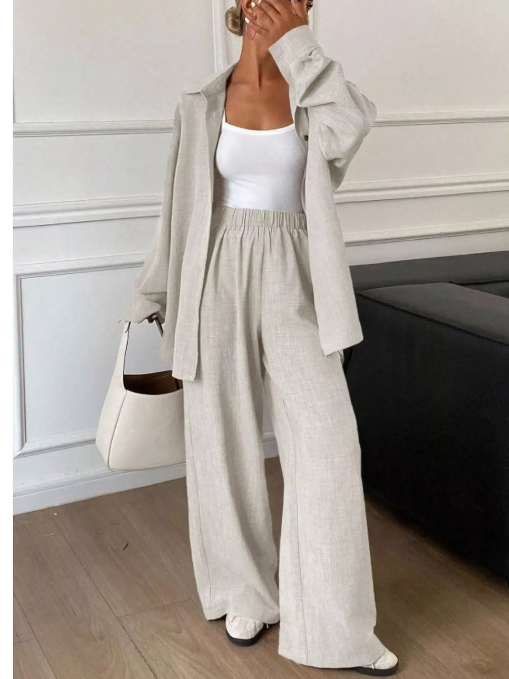 Button Up Long Sleeve Shirt Wide Leg Pants Set (2)