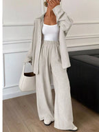 Button Up Long Sleeve Shirt Wide Leg Pants Set (2)