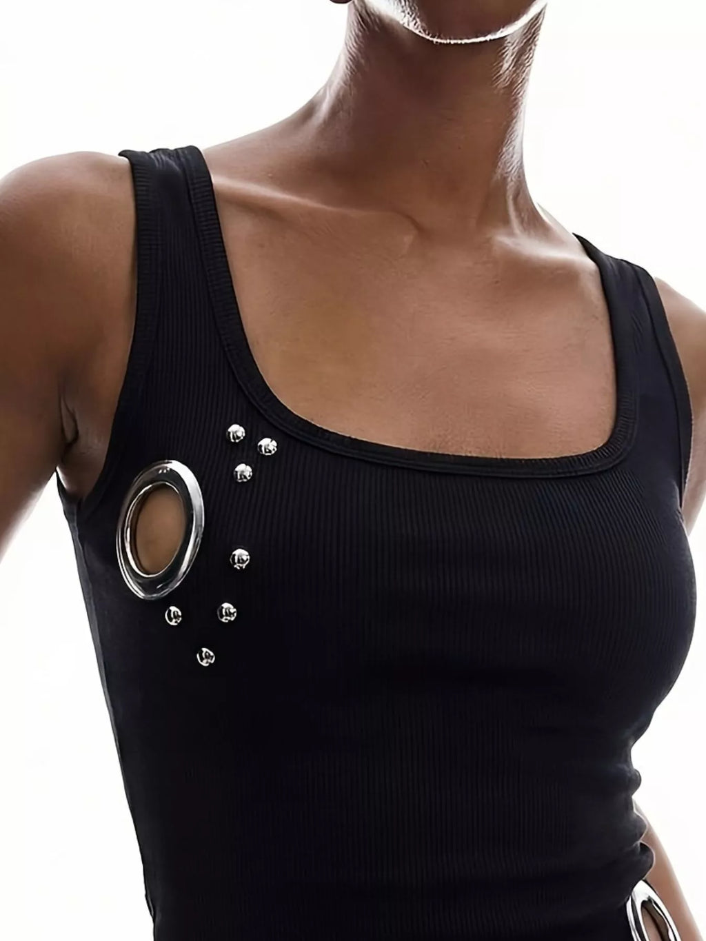 Ribbed Tank Top Metal Grommet Cutouts Stud Embellishments (2)