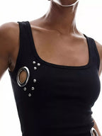 Ribbed Tank Top Metal Grommet Cutouts Stud Embellishments (2)