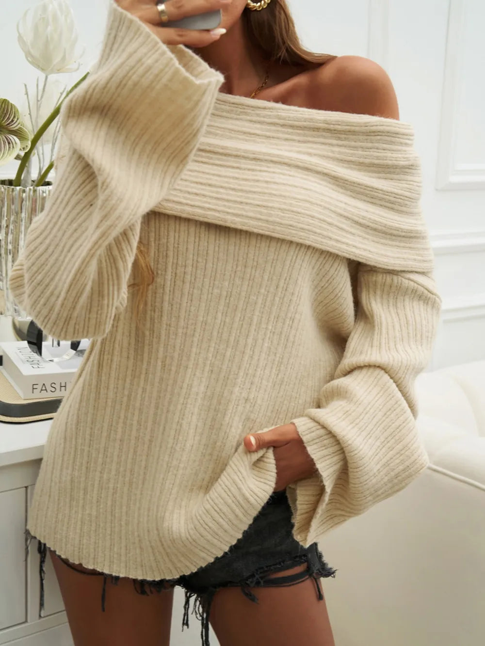 Off-shoulder Extra-long Sleeve Sweater (6)