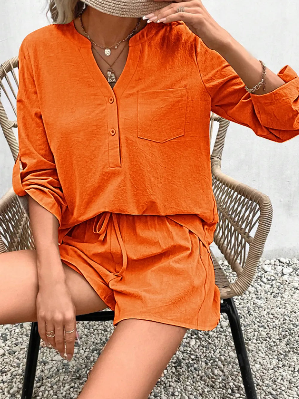 Notched Long Sleeve Top Shorts Set (12)