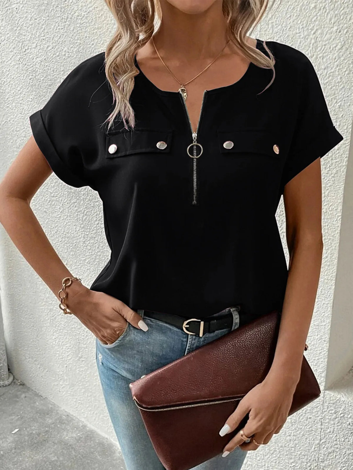 Casual Zipper Front Short Sleeve Blouse (2)