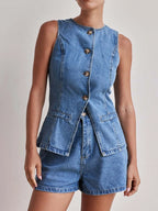 Button Down Vest Shorts Denim Set (9)