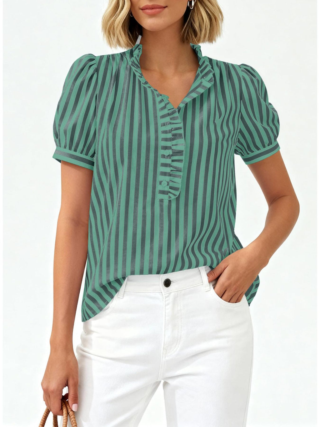 Frill Striped Puff Sleeve Blouse (11)
