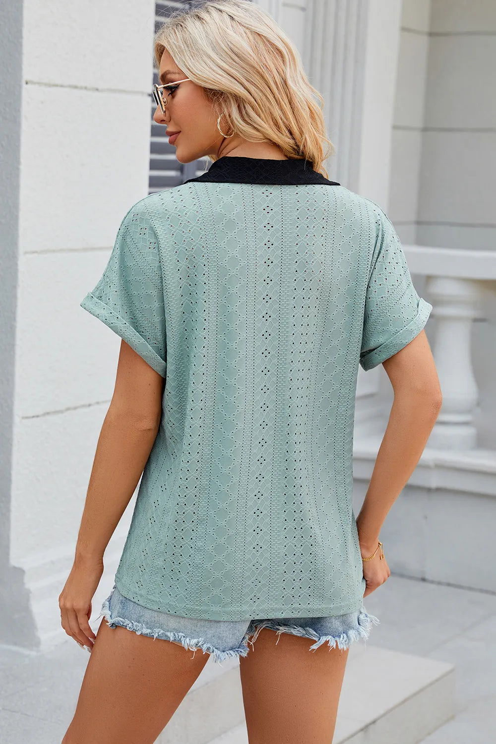 Eyelet Johnny Collar Short Sleeve T-shirt (2)